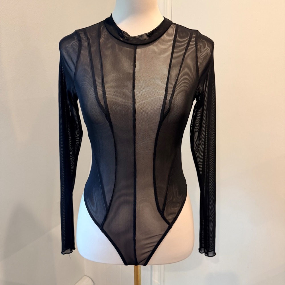 Blanc Clothing Black Sheer Mesh Mock Neck Long Sleeve Bodysuit B90082 | Size M